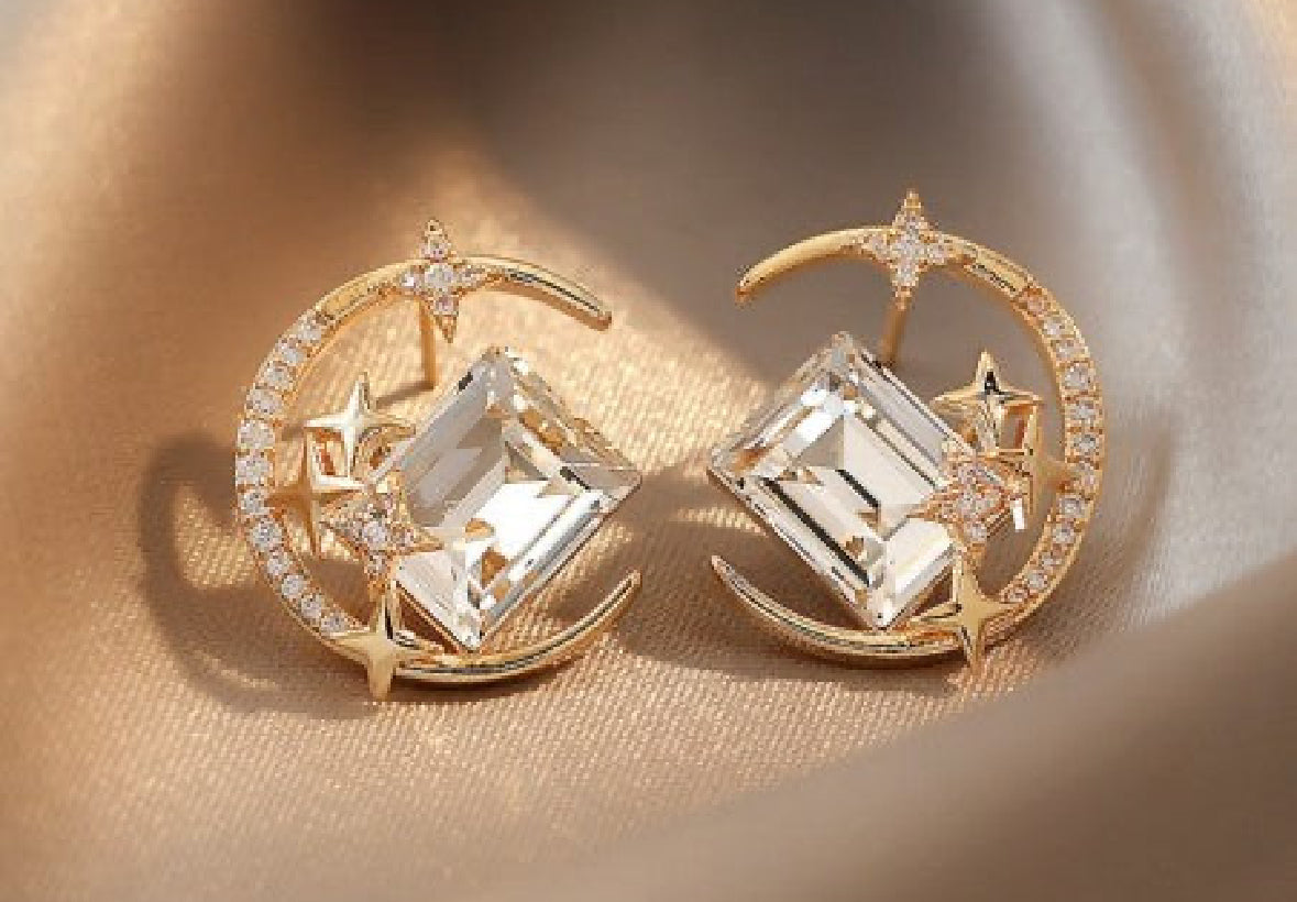 Kolczyki złote księżyc z gwiazdkami i dużymi cyrkoniami