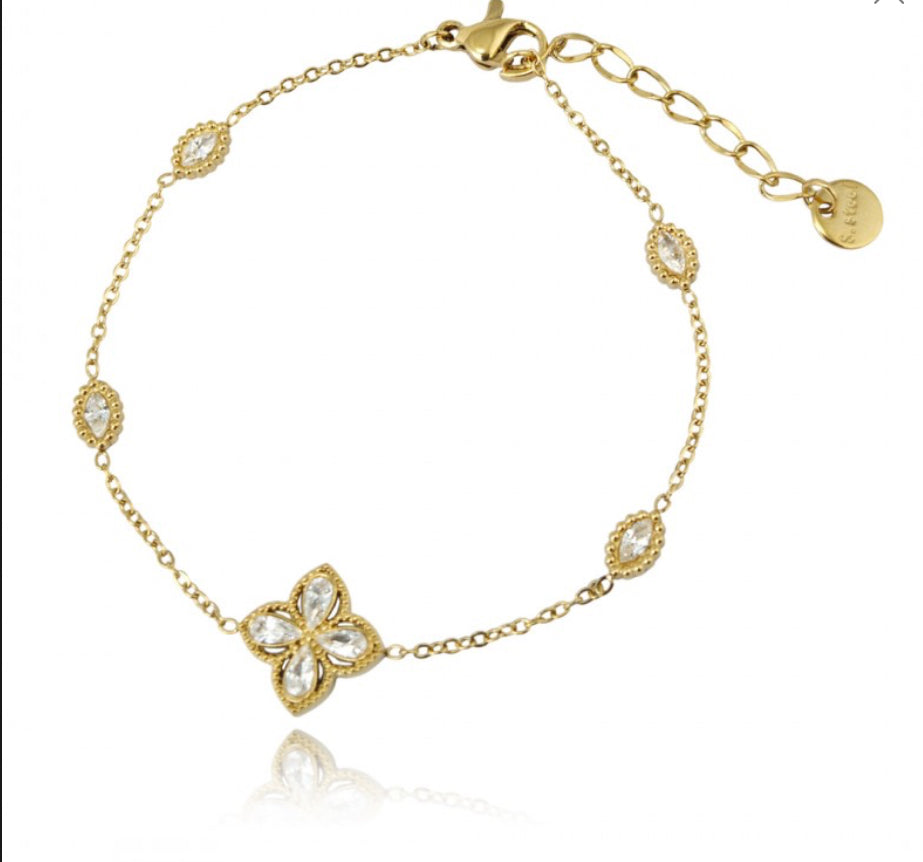 Bransoletka złota z kwiatem i cyrkoniami