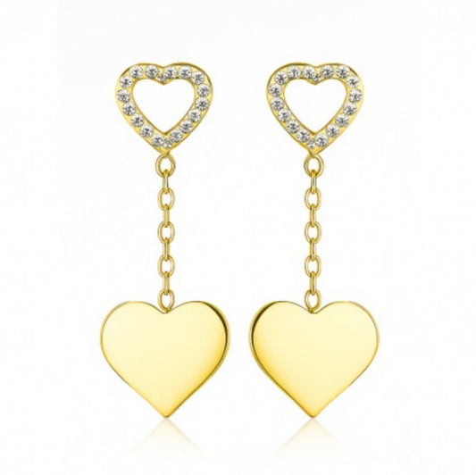 Kolczyki złote z podwójnymi sercami i cyrkoniami